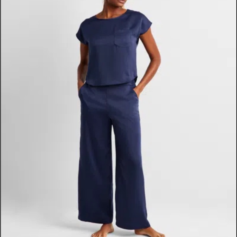 State of Day navy blue satin matching pajama top and wide leg pants set medium